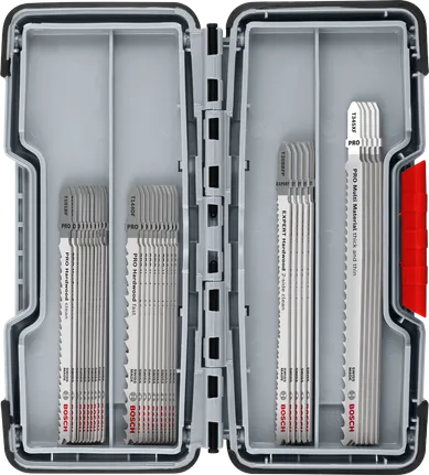 Conjunto de construção de cozinha Bosch PRO em madeira e metal, 30 lâminas de serra tico-tico.